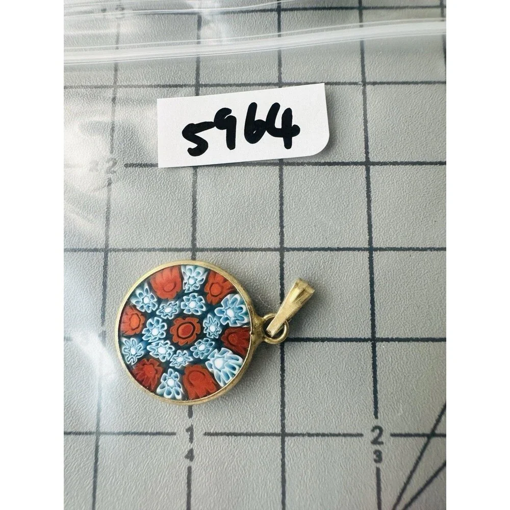 Vintage Murano Glass Millefiori Pendant Blue Orange Gold Over Sterling Silver
